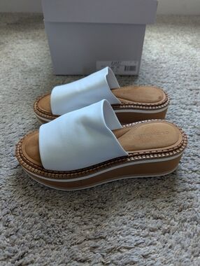 Robert Clergerie Fast7 White Slide Platform Sandals with Tan Accent